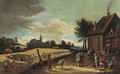 Peasants playing skittles outside an inn with farmhands harvesting in a nearby field - (after) David The Younger Teniers