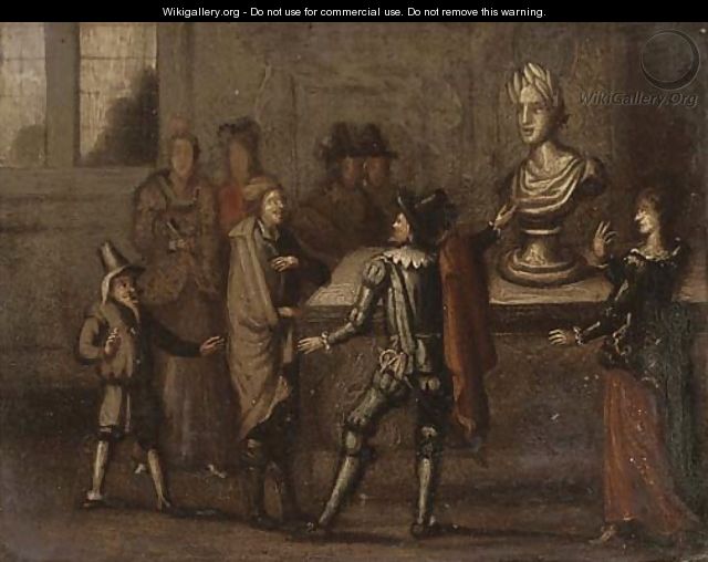 Elegant figures conversing before a stature in an interior - (after) David The Younger Teniers