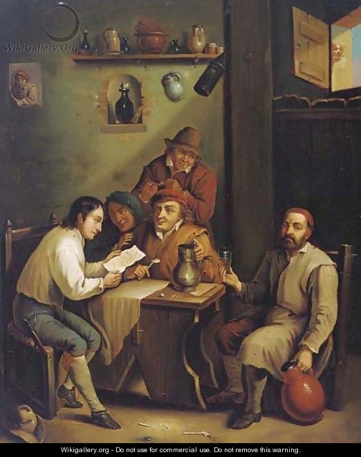 Boors drinking and smoking in an interior - (after) David The Younger Teniers