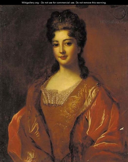 Portrait of a lady, half-length, in a gold brocade dress and red cloak - (after) Francois De Troy