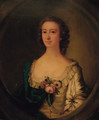 Portrait of a lady, half-length, in a white dress with a blue wrap and flowers at her corsage, feigned oval - (after) Francis Cotes