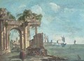 A capriccio of a Mediterranean harbour with figures amongst classical ruins - (after) Francesco Guardi