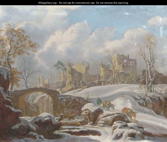 A winter landscape with a peasant and his mules by a frozen stream, ruins in the distance - (after) Francesco Foschi