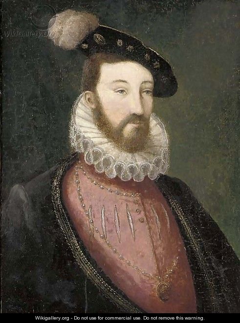 Portrait of a bearded nobleman, in a pink slashed doublet with a white ruff and a black jacket, wearing a medallion - Francois Clouet