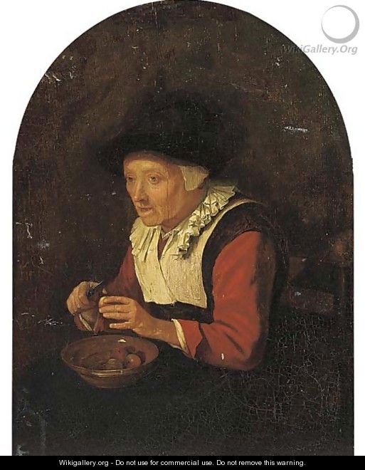 An old woman, sitting on a chair and peeling fruit - (after) Gerrit Dou