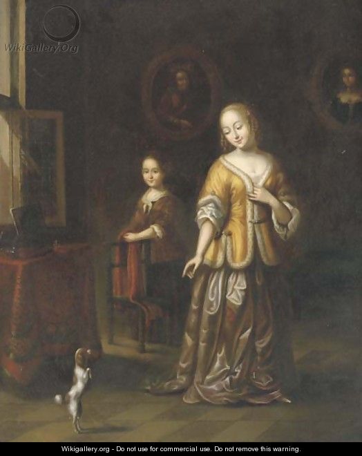 A lady in an elegant interior with a dog and a maid - (after) Gerard Ter Borch
