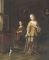 A lady in an elegant interior with a dog and a maid - (after) Gerard Ter Borch
