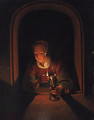 A young woman at a casement with a lamp - Gerrit Dou