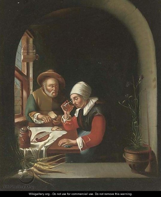 A couple eating and drinking at a casement - Gerrit Dou