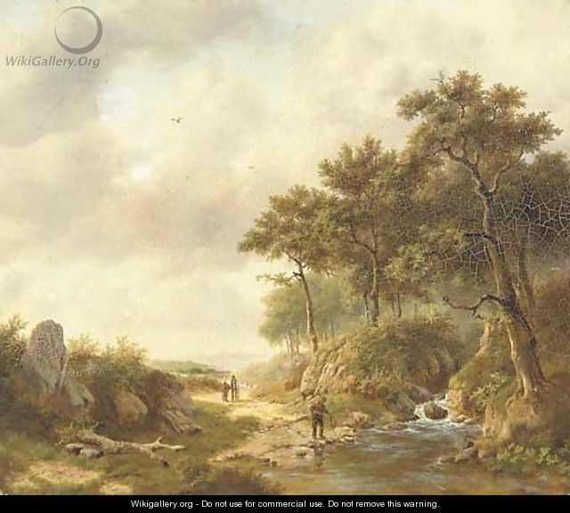 A summer landscape with figures by a stream - (after) Georg Andries Roth