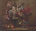 Tulips, carnations, convolvulus, narcissi and other flowers in a glass vase on a ledge with pears - Gasparo Lopez