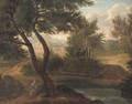 A river landscape with a figure in the foreground, a fortified town beyond - Gaspard Dughet Poussin