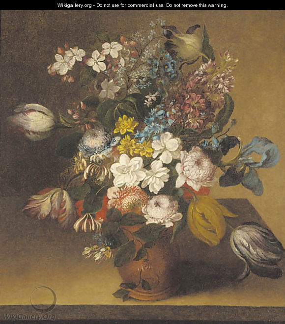 Honeysuckle, irises, stocks, tulips, chrysanthemums and narcissi in a vase on a table - (after) Gaspar-Pieter The Younger Verbruggen