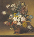 Honeysuckle, irises, stocks, tulips, chrysanthemums and narcissi in a vase on a table - (after) Gaspar-Pieter The Younger Verbruggen
