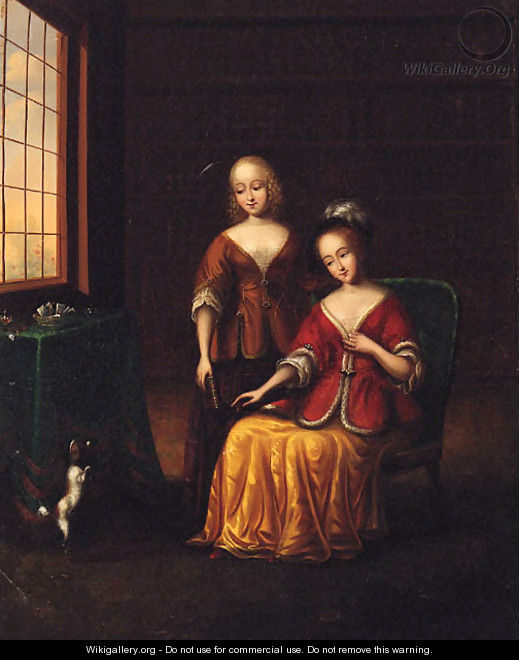 Elegant Ladies With A Toy Spaniel In An Interior - (after) Frans Van Mieris