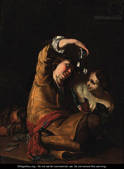 A guard holding an upturned roemer with a serving wench in a tavern - (after) Frans Van Mieris