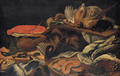 Still life with a peacock, a lobster, a wild boar, a cormorant and game birds on tables - (after) Frans Snyders