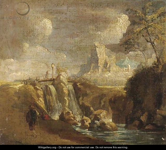 A rocky landscape with a waterfall and figures near a bridge - (after) Giuseppe Zais