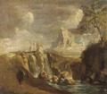 A rocky landscape with a waterfall and figures near a bridge - (after) Giuseppe Zais