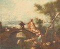 A river landscape with a herdsman resting near a bridge, a fortress beyond - (after) Giuseppe Zais
