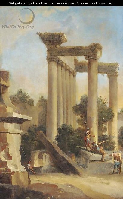 Soldiers conversing amongst classical ruins - Giovanni Paolo Pannini