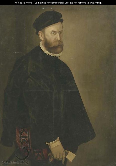 Portrait of a gentleman, three-quarter-length, in a black costume, white collar and cuffs and a black hat, a glove in his right hand - (after) Giovanni Battista Moroni