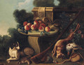 A spaniel guarding dead game by a stone seat laden with fruit - Alexandre-Francois Desportes