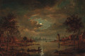A moonlit river landscape with figures in a boat, a windmill beyond - (after) Aert Van Der Neer