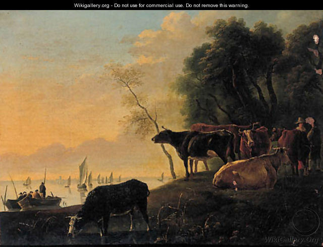 Cowherds and cattle on a riverbank on a summer