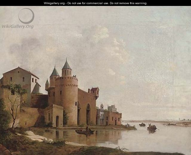A river landscape with gentlefolk in a rowing boat by a castle - (after) Aelbert Cuyp