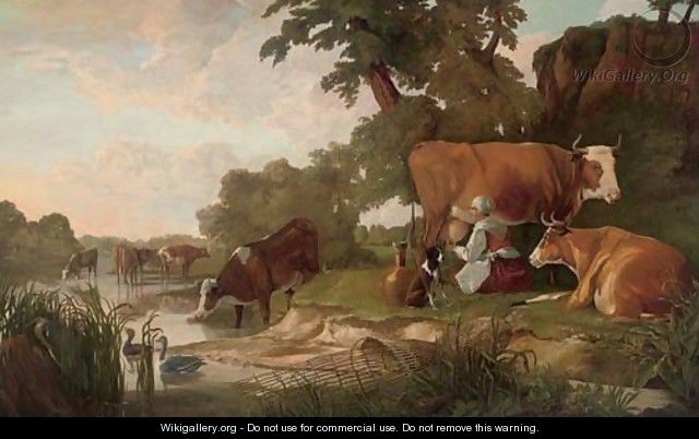 A river landscape with cattle watering and a milkmaid - (after) Aelbert Cuyp