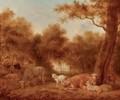 A wooded landscape with cattle and sheep resting, figures nearby - (after) Adriaen Van De Velde
