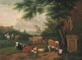 A wooded landscape with cattle and sheep resting by a fountain - (after) Adriaen Van De Velde
