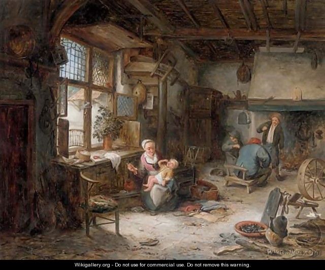 A mother feeding her child and other peasants in an interior - (after) Adriaen Jansz. Van Ostade