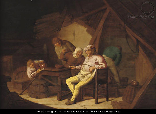 Peasants smoking and drinking in a barn - (after) Adriaen Jansz. Van Ostade