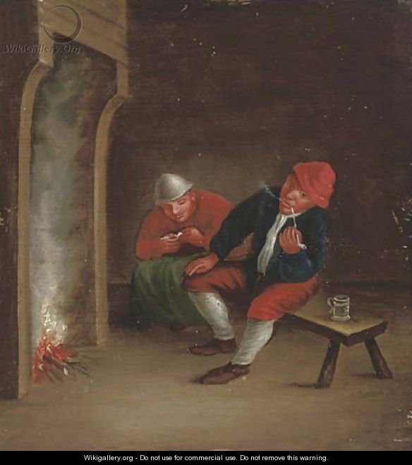 Boors smoking pipes by a fire in an interior - (after) Adriaen Jansz. Van Ostade