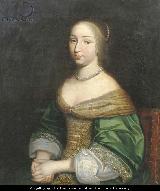 Portrait of a young lady, seated half-length, in a green and gold embroidered dress, with a pearl necklace - (after) Adriaen Hanneman