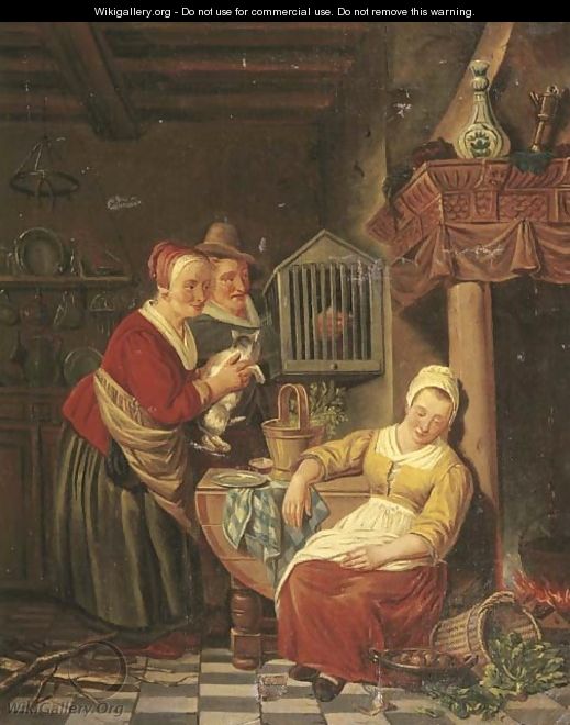 A kitchen interior with a maid asleep, her employers looking on - Adriaan de Lelie