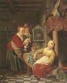 A kitchen interior with a maid asleep, her employers looking on - Adriaan de Lelie