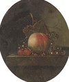 A peach, grapes on the vine, strawberries and blueberries on a stone ledge - Adriaen Coorte