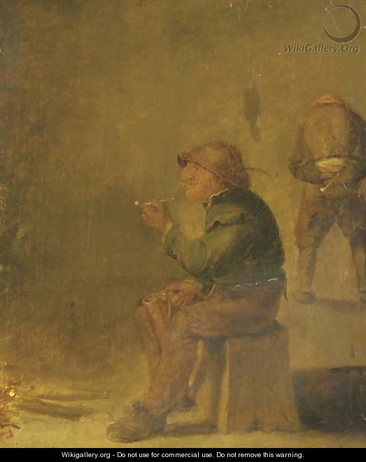 A peasant smoking a pipe and drinking beer near an open fire - (after) Adriaen Brouwer