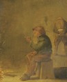 A peasant smoking a pipe and drinking beer near an open fire - (after) Adriaen Brouwer