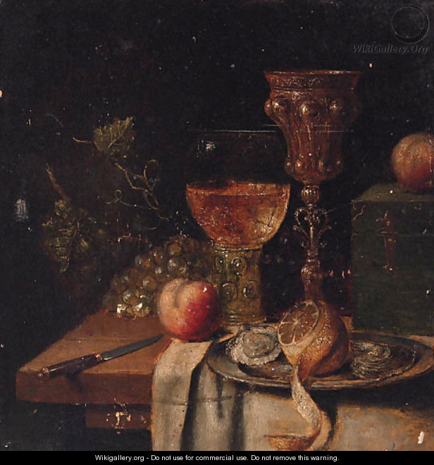 A roemer, a silver-gilt cup, oysters and a peeled lemon on a pewter plate, a knife, a casket with apples and grapes on a partially draped table - Abraham Hendrickz Van Beyeren