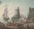 A Mediterranean harbour with elegant figures and fishermen by the quay, a ship and a lighthouse beyond - (after) Abraham Storck