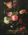 Tulips, roses, ears of corn, snowballs and other flowers in a glass vase with a branch of plums on a stone ledge, butterflies and snails - (after) Abraham Mignon