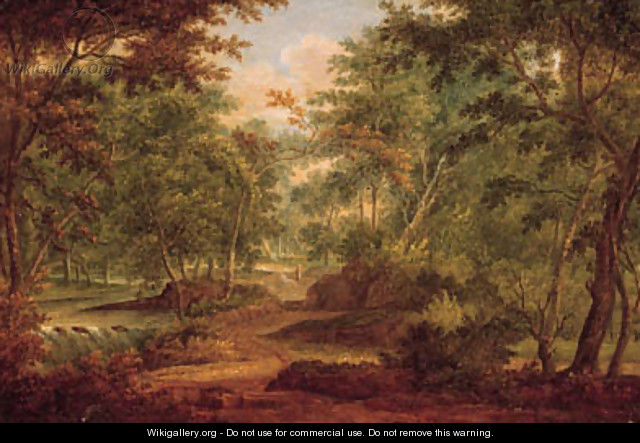 A traveller on a sandy track by a waterfall in a forest - (after) Abraham Govaerts