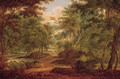 A traveller on a sandy track by a waterfall in a forest - (after) Abraham Govaerts