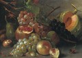 Grapes, a melon, cherries, a walnut, a pomegranate and other fruits on a wooden ledge - (after) Abraham Brueghel