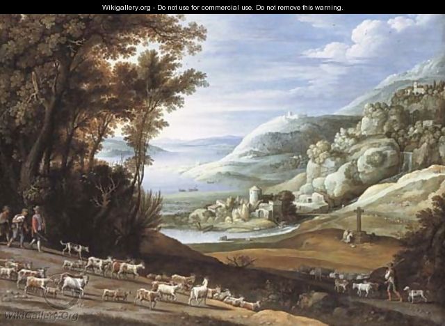 An extensive Italianate landscape with goatherds, a shepherd and their flocks - Maerten Ryckaert