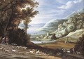 An extensive Italianate landscape with goatherds, a shepherd and their flocks - Maerten Ryckaert